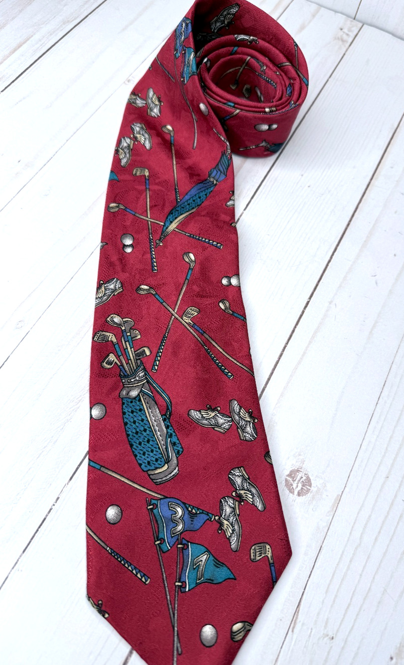 Vtg. Spaulding Golf Print Red & Blue Silk Tie